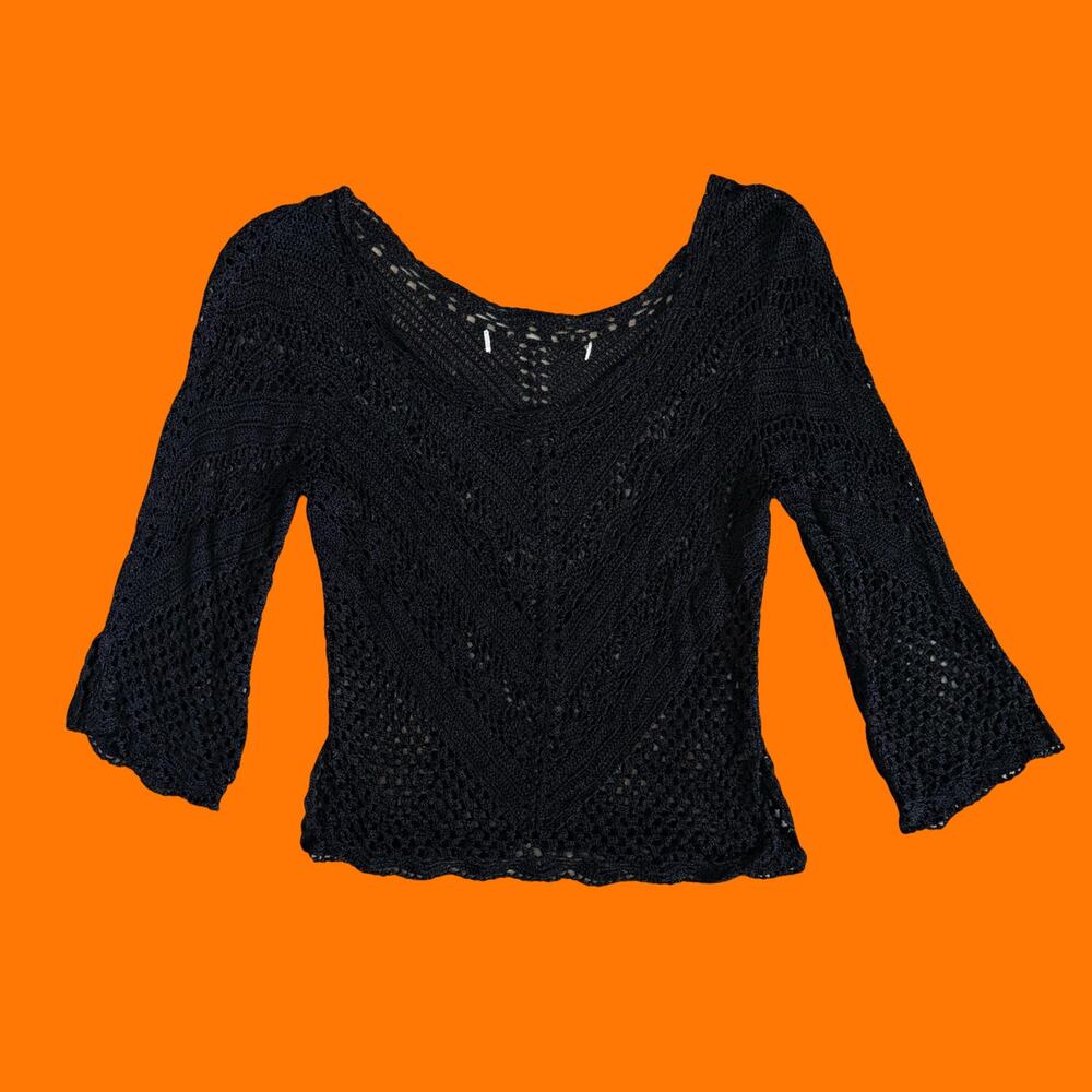 90's 00's vintage black crochet 3/4 sleeve top S/M